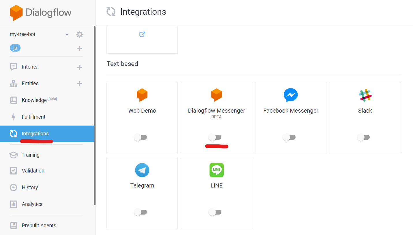 Dialogflow　Integrations　Messenger