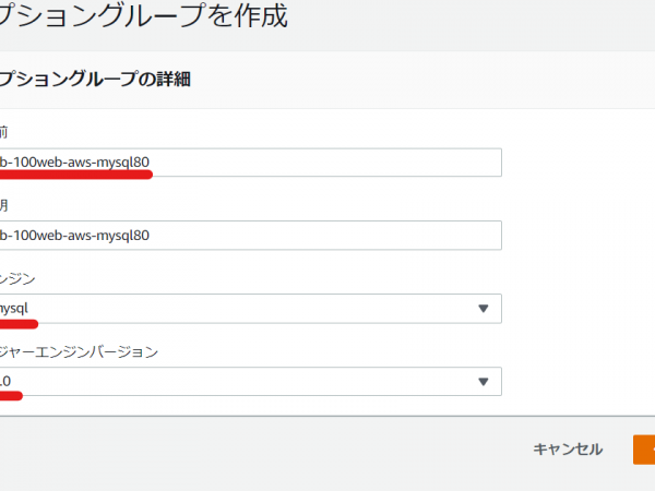 RDS オプショングループ作成画面