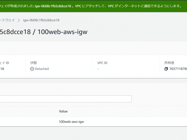 AWS　インターネットゲートウェイをVPCにアタッチ