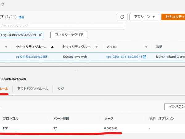 AWS EC2　セキュリティーグループ画面